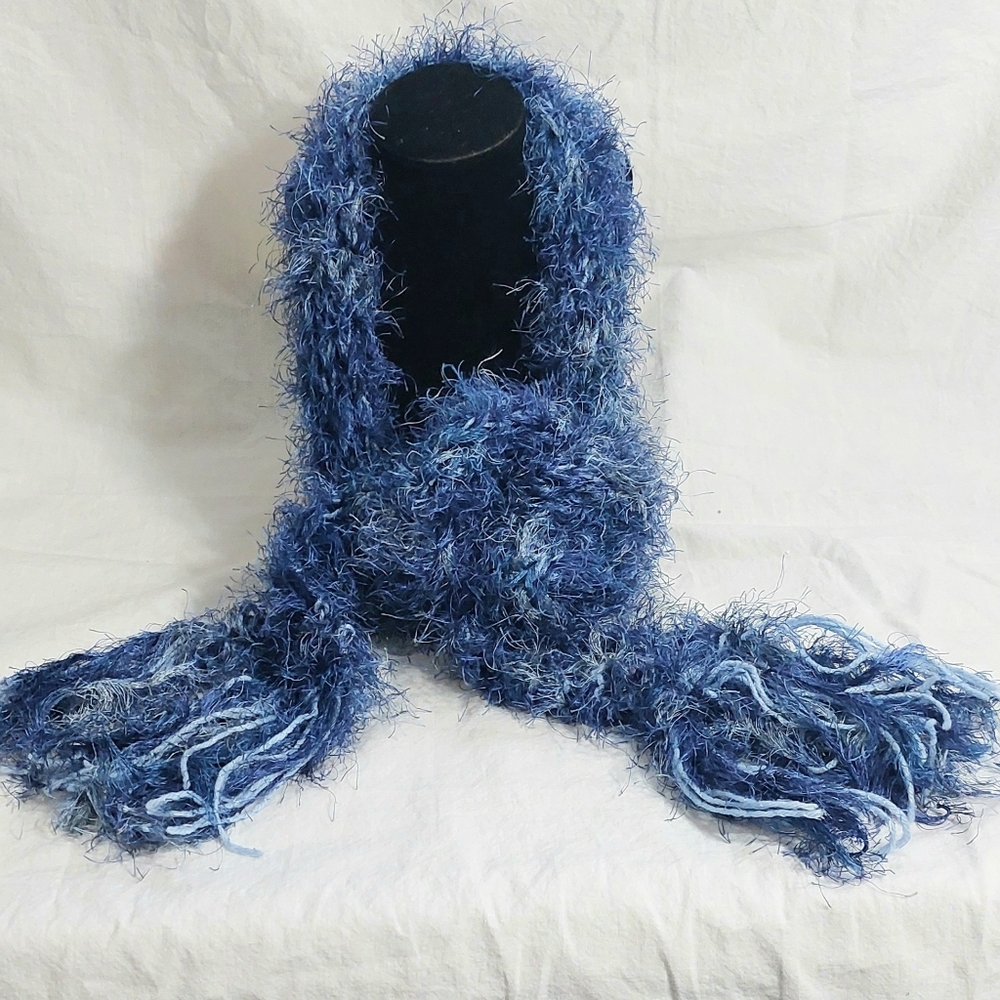 Handmade Knitted Blue Fuzzy Knit Womens Scarf